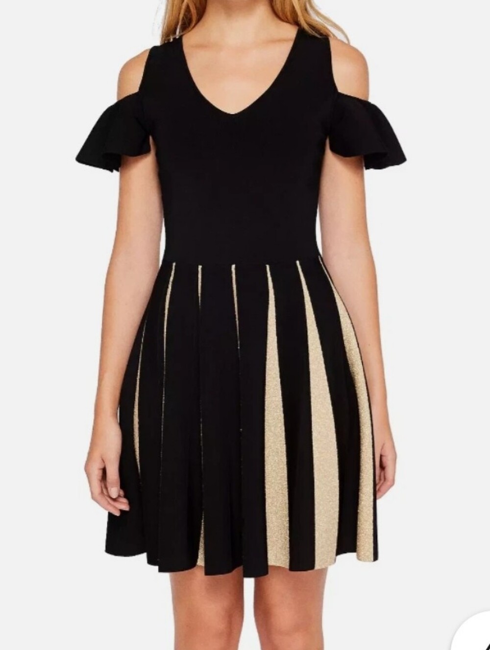 Ted Baker Wytney Cold Shoulder Skater Dress in Black & Gold Metalic Pleated Mini